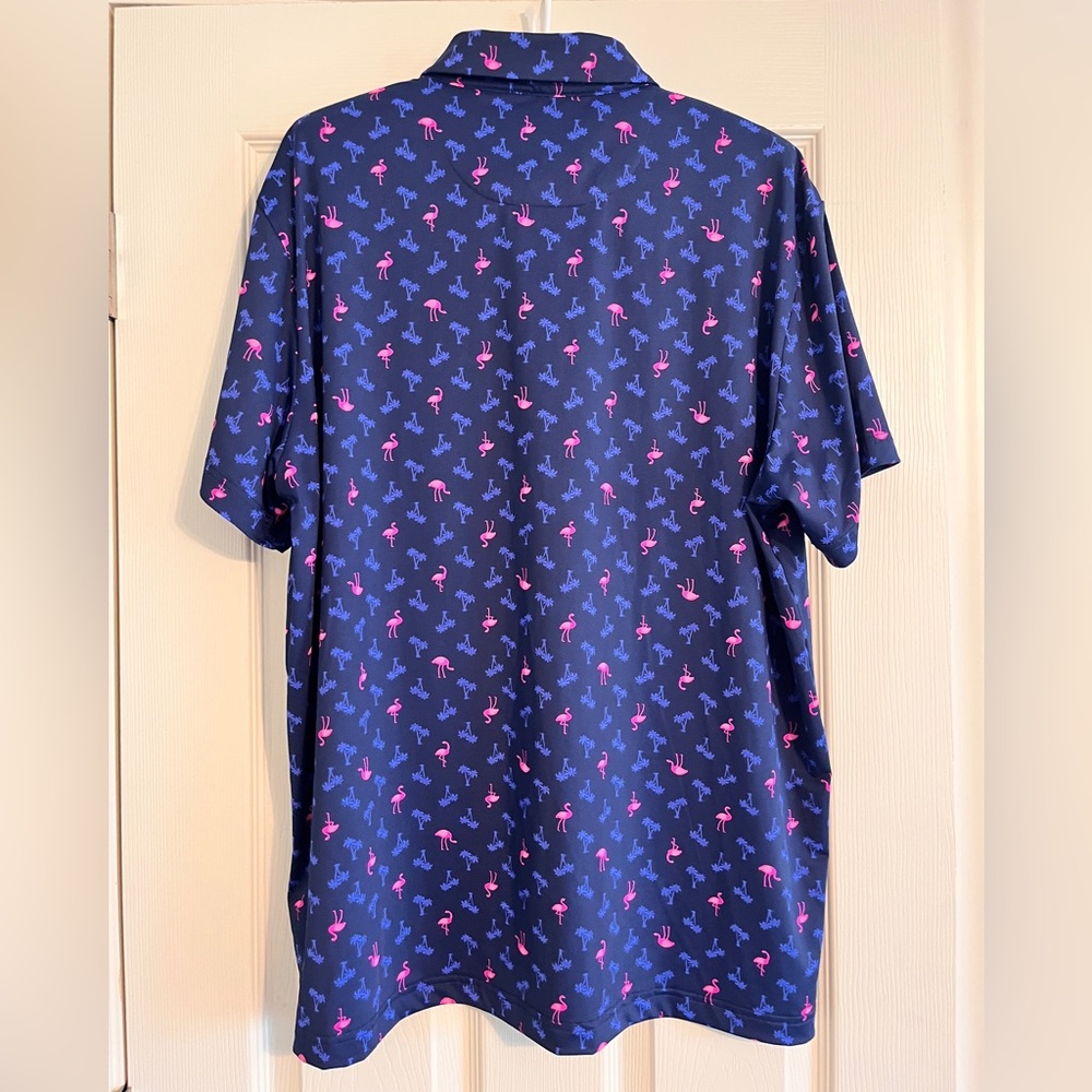 Birdie Bound Navy Flamingo Print Golf Shirt Men Size XL - Picture 2 of 8